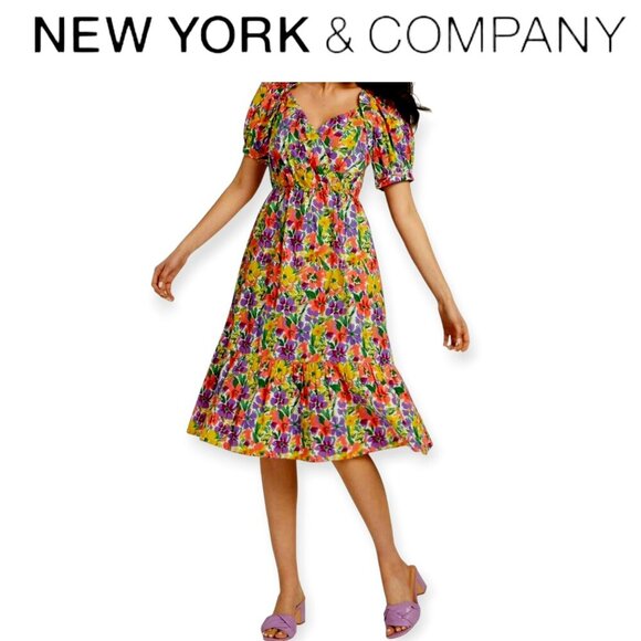 Lilac Floral Puff-Sleeve 100% Cotton Midi Dress - New York & Co M - Picture 1 of 12